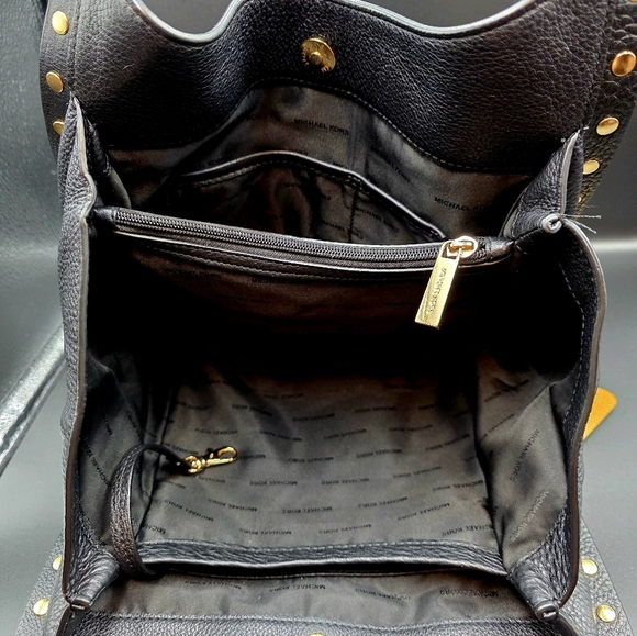 Michael Kors Black Pebbled Leather Goldtone Chain Handles Studded Satchel - Picture 11 of 12